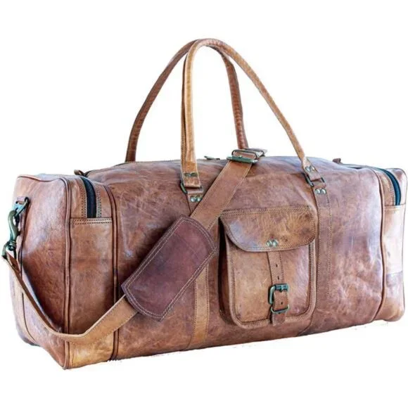 Leather duffle bags large 24 Inch Square Duffel Travel Gym Overnight Weekender